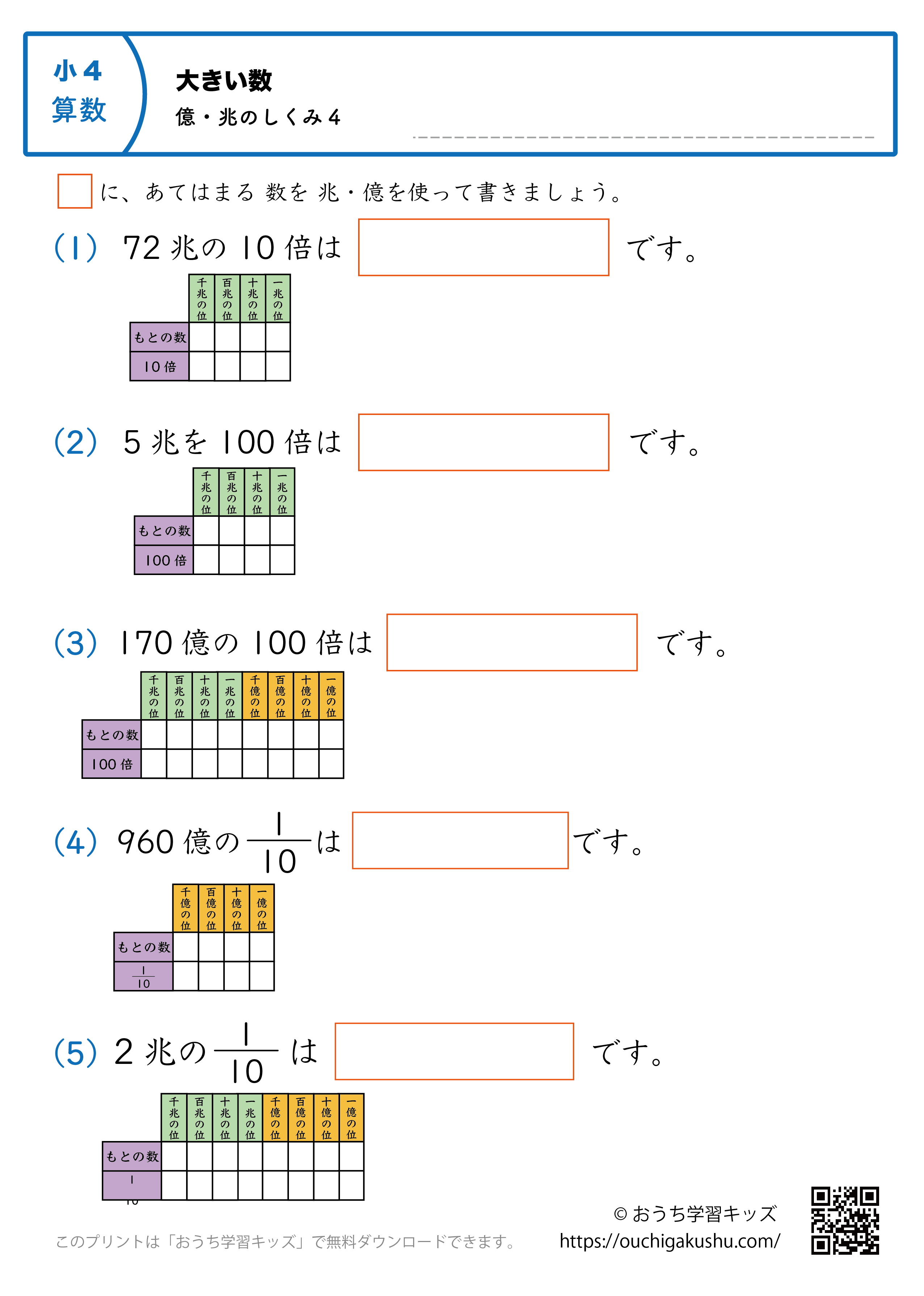 大きい数(億・兆の数の仕組み)|練習問題4|小学4年生|算数プリント(補助表付き)