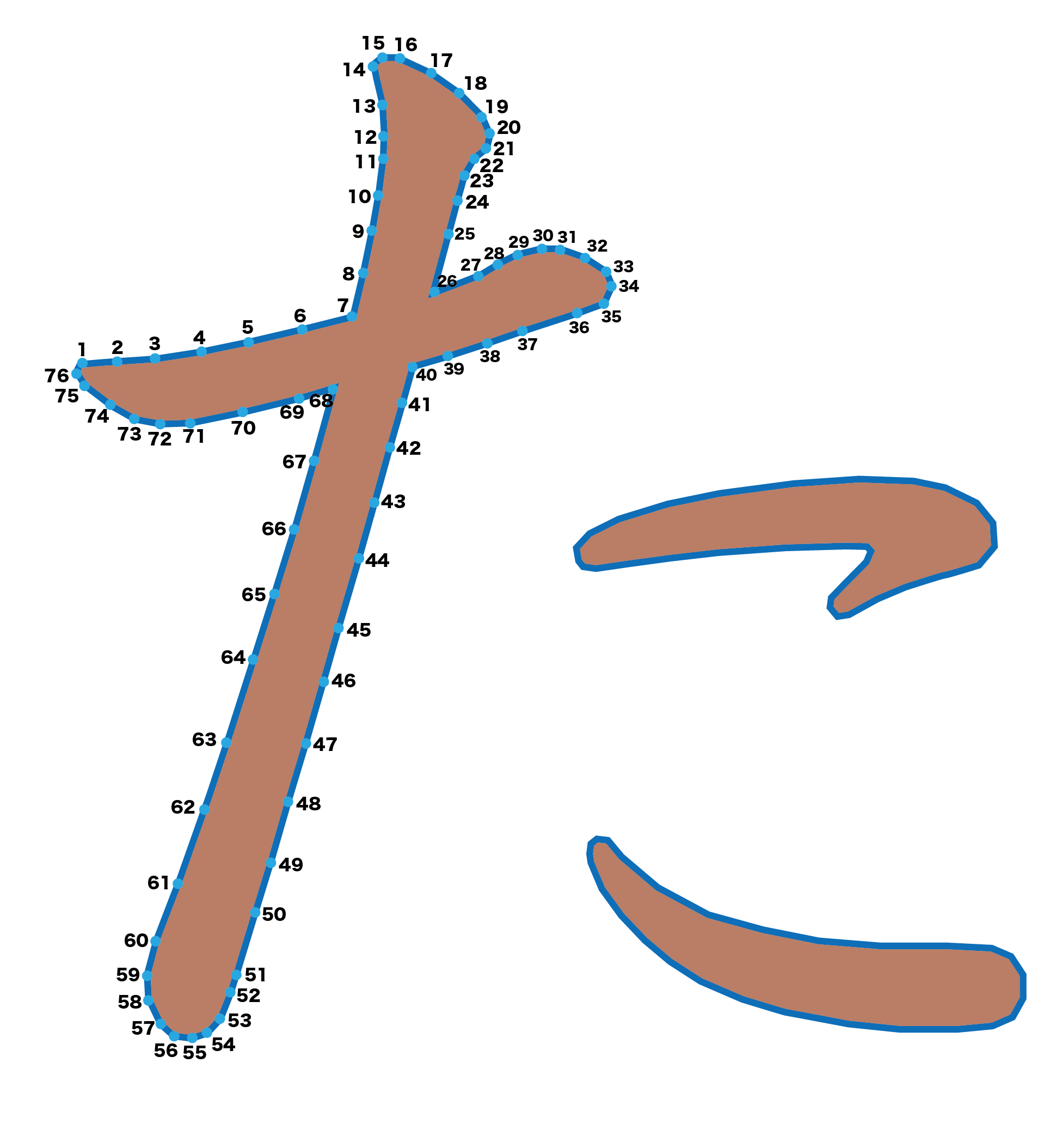 点つなぎ　ひらがな「た」（完成例）