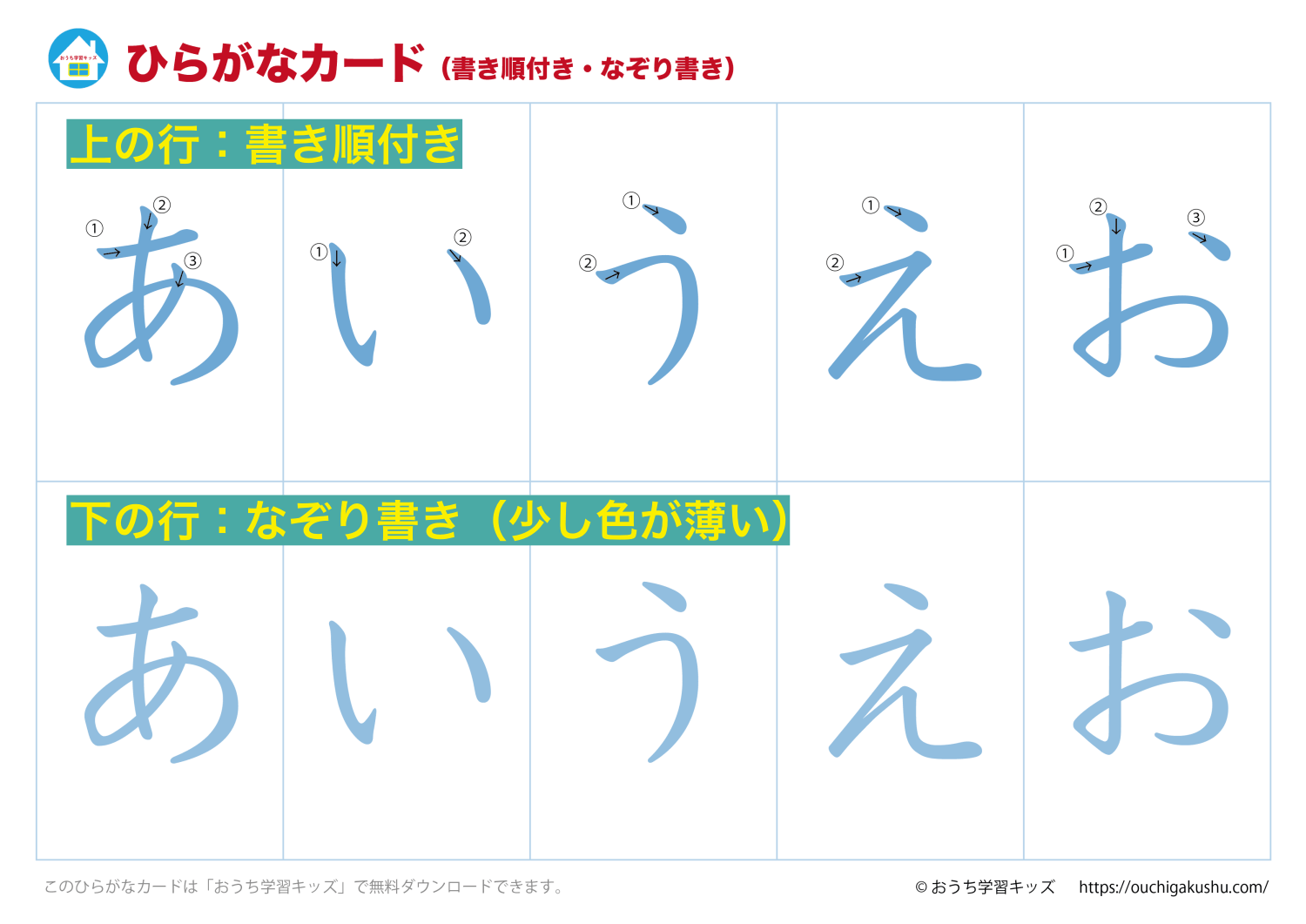 あいうえおカード（表：文字、上：書き順、下：なぞり書き）一例