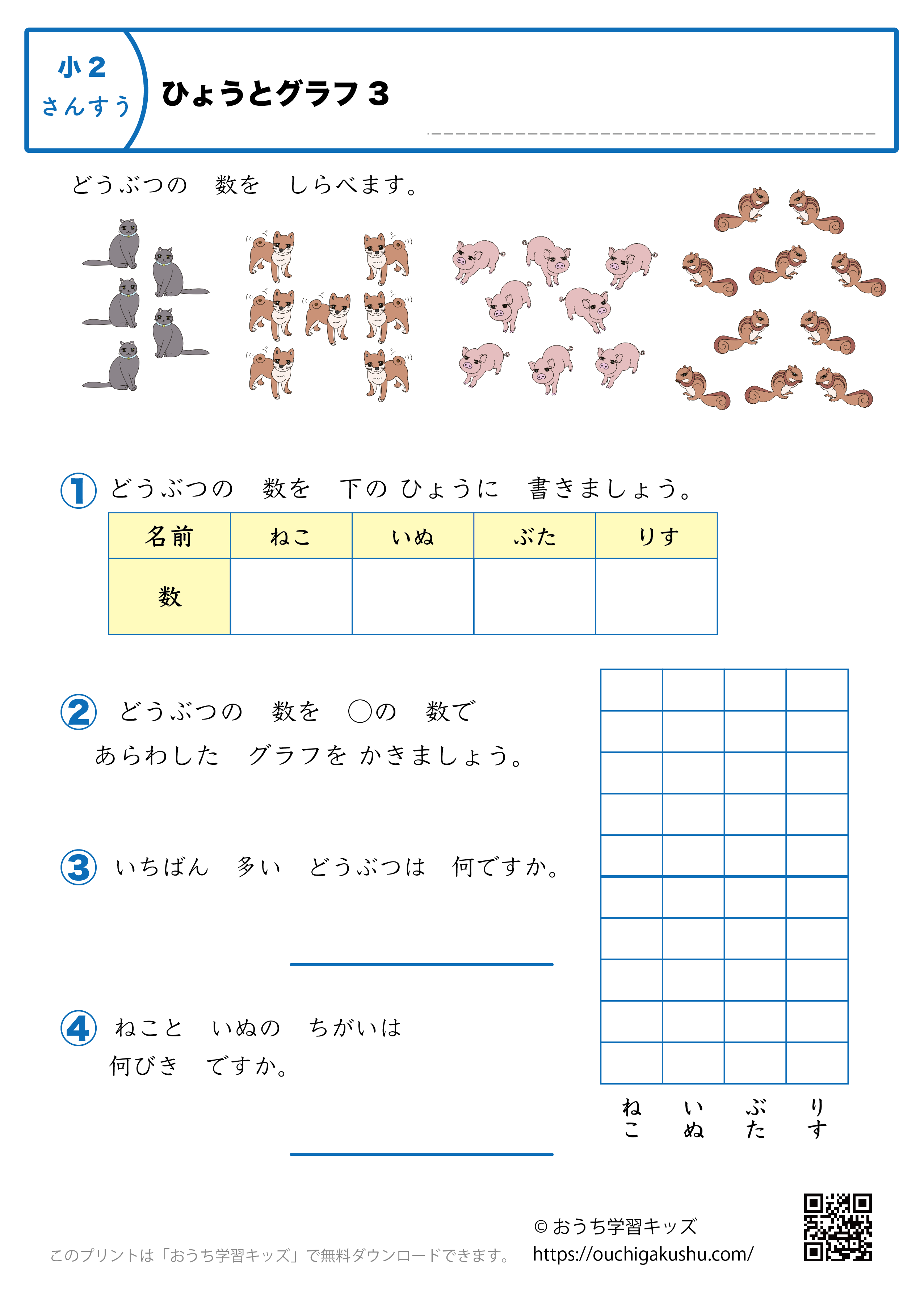 表とグラフ｜練習問題3｜小学2年生｜算数プリント
