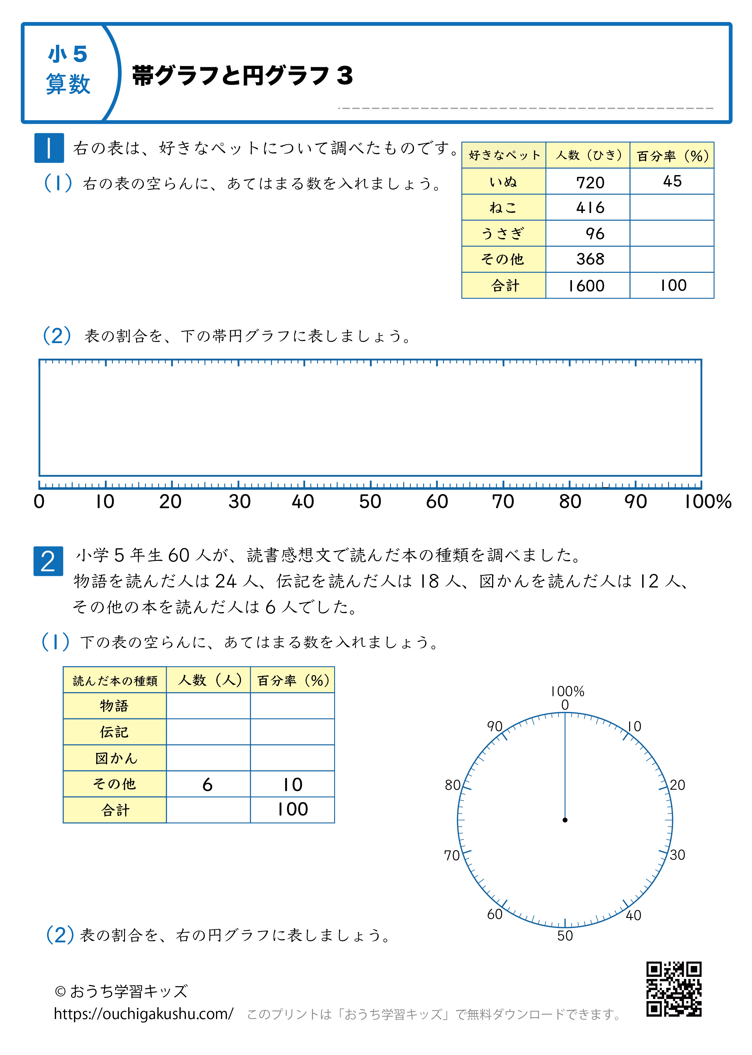 帯グラフと円グラフ｜練習問題3｜小学5年生｜算数プリント