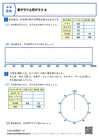 帯グラフと円グラフ|練習問題4|小学5年生|算数プリント