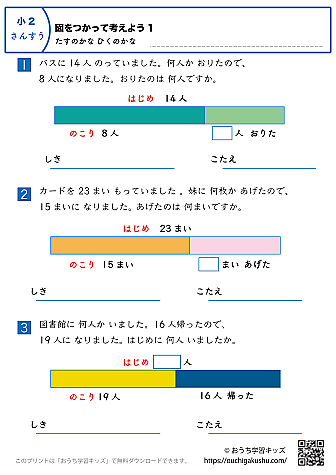 図を使って考えよう・足すのかな引くのかな｜練習問題1｜小学2年生｜算数プリント