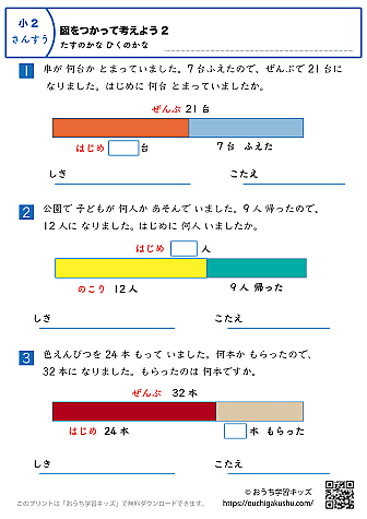 図を使って考えよう・足すのかな引くのかな｜練習問題2｜小学2年生｜算数プリント