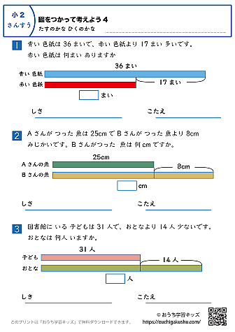 図を使って考えよう・足すのかな引くのかな｜練習問題4｜小学2年生｜算数プリント
