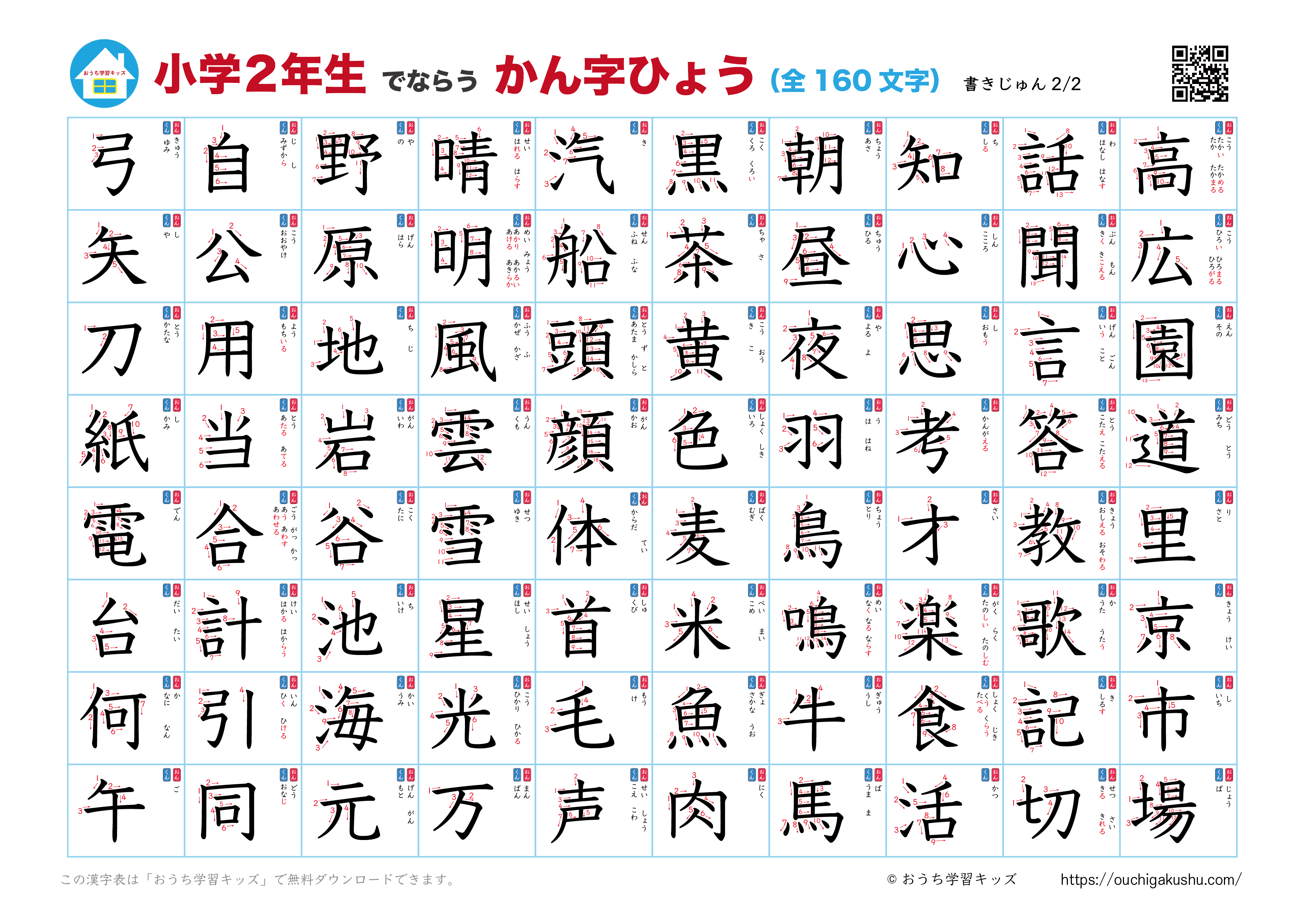 漢字表・ポスター(小学2年生)書き順付き・ホワイト・2枚目